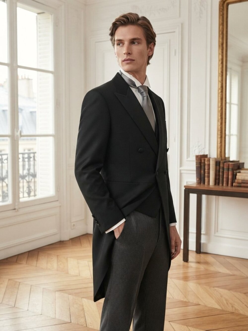 Perry Ellis Black Double-Breasted Tux Tailcoat with Satin Peak Lapels Size 42L